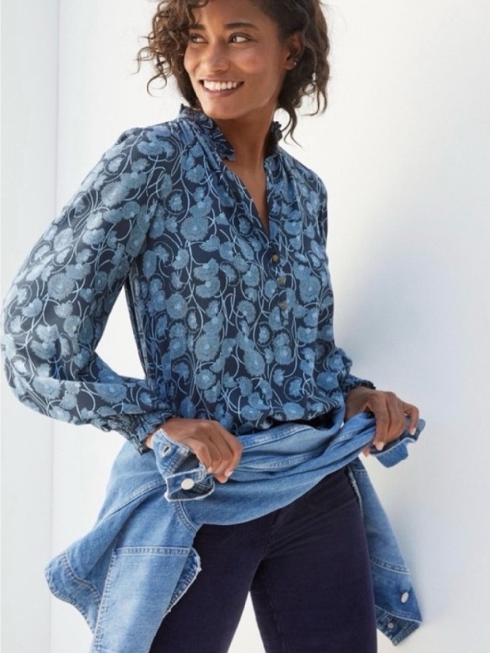 Maeve Colette Peasant Blouse Blue Floral Ruffle Top SP